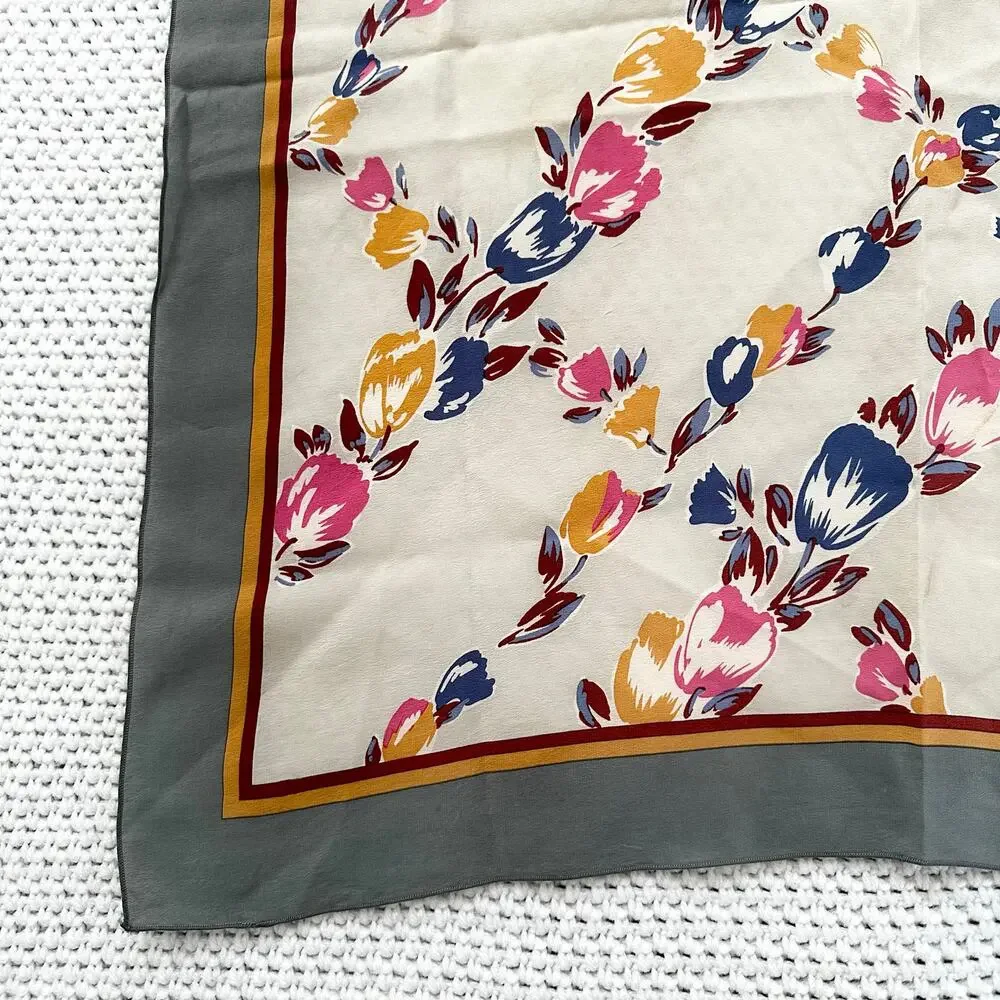 Christian Dior Vintage Grey Square Border Floral Diagonal Grid Silk Scarf Read